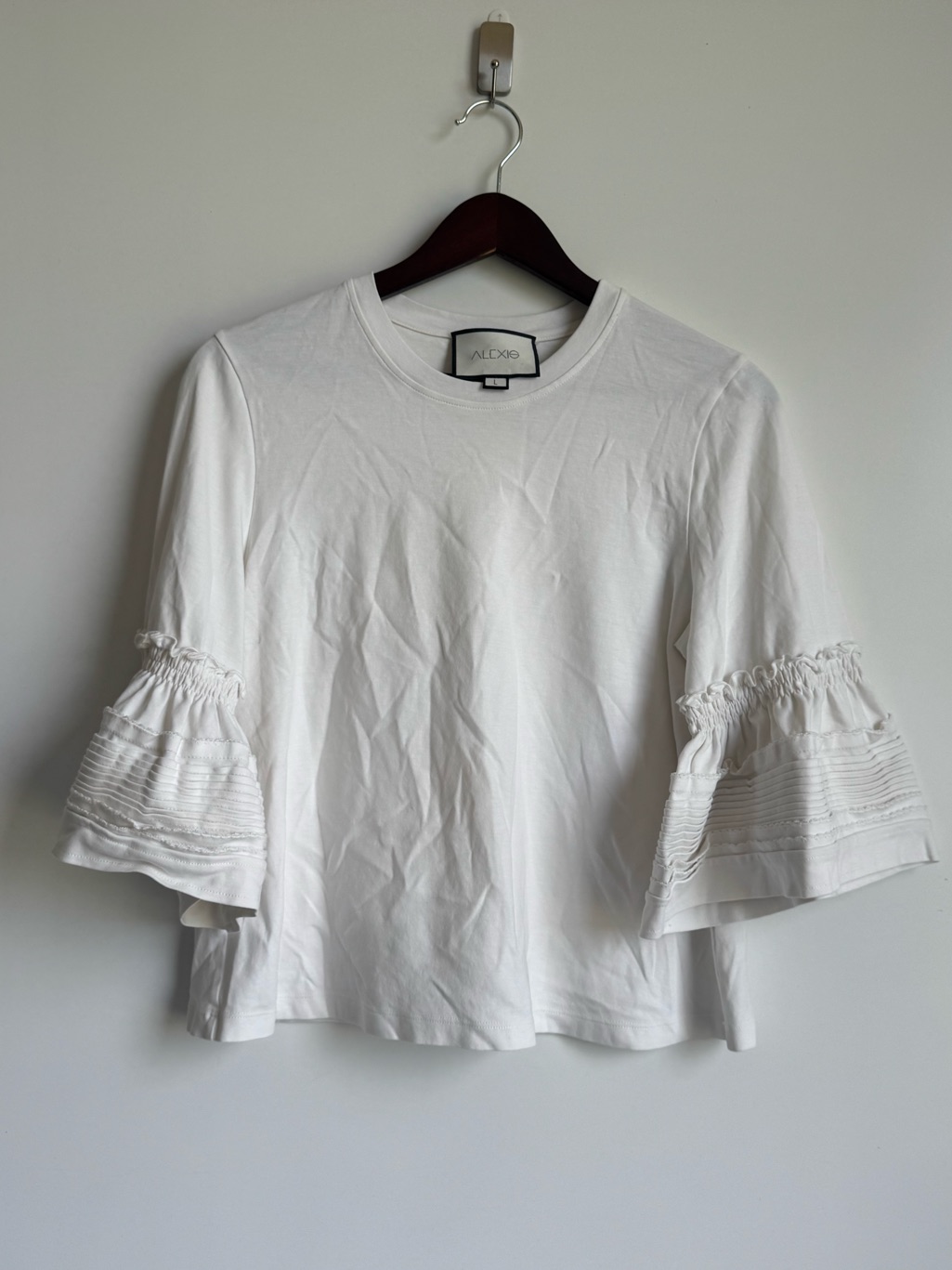 Alexis White Bell Sleeve Top Blouse Ruffle Trim Cotton Women Large Preppy Luxury